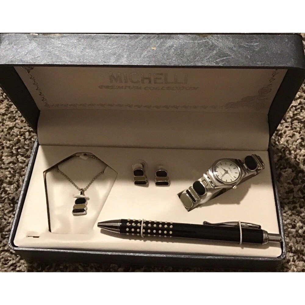 Michelli 4 Piece Jewelry Set- Watch, Necklace, Earrings, Ink Pen NIB